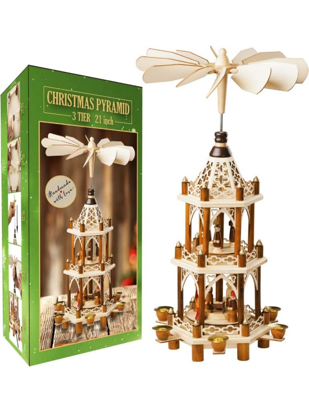 Wooden Christmas Pyramid - 21" Nativity Scene Decor - 3-Tier Carousel with